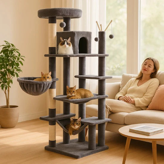 Arbre à Chat en Bois 175cm - 7 Niveaux avec Hamac, Griffoirs Sisal et Maisonnette - Grand Modèle