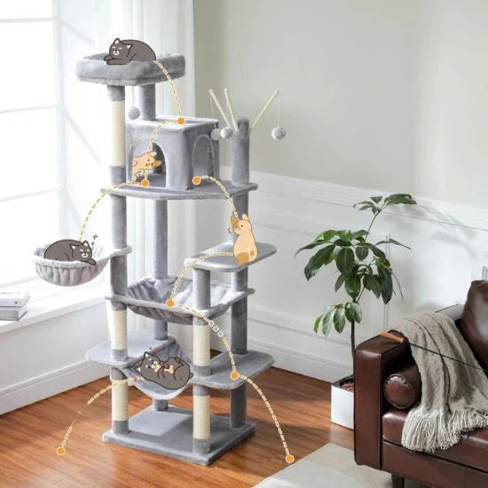 Arbre à Chat en Bois 175cm - 7 Niveaux avec Hamac, Griffoirs Sisal et Maisonnette - Grand Modèle