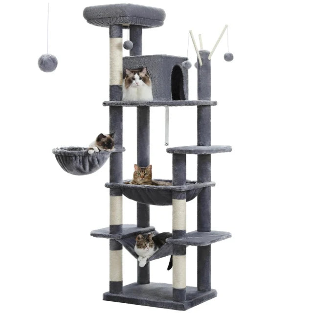 Arbre à Chat en Bois 175cm - 7 Niveaux avec Hamac, Griffoirs Sisal et Maisonnette - Grand Modèle