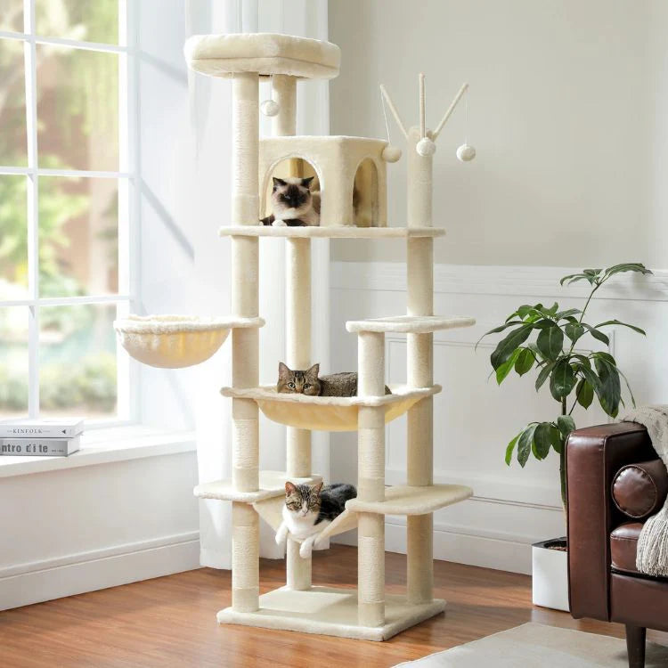 Arbre à Chat en Bois 175cm - 7 Niveaux avec Hamac, Griffoirs Sisal et Maisonnette - Grand Modèle