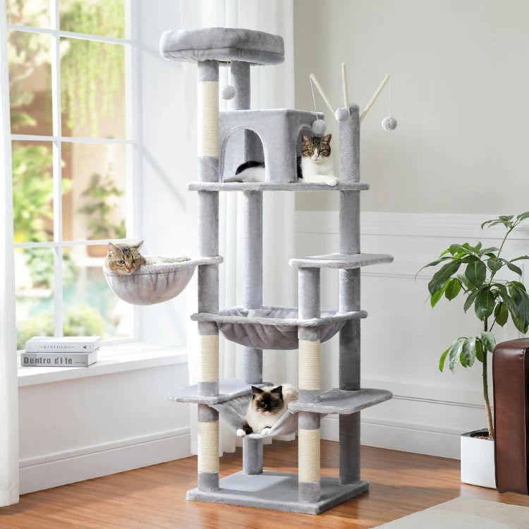 Arbre à Chat en Bois 175cm - 7 Niveaux avec Hamac, Griffoirs Sisal et Maisonnette - Grand Modèle