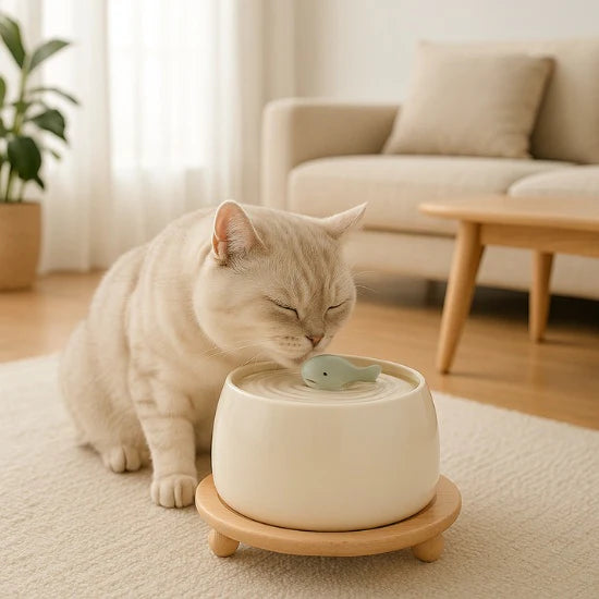 Fontaine à Eau Chat en Céramique 1,5 L avec Double Filtration - USB