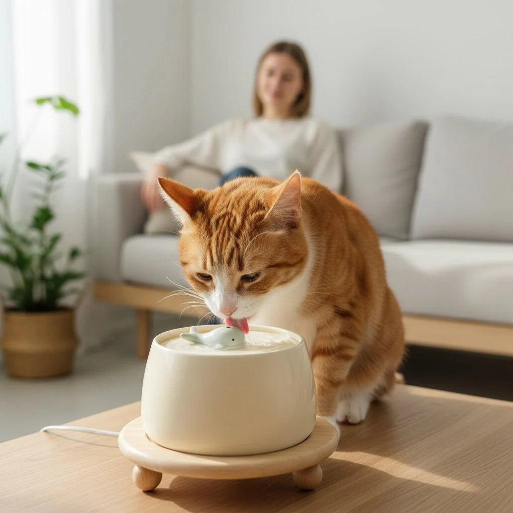 Fontaine à Eau Chat en Céramique 1,5 L avec Double Filtration - USB