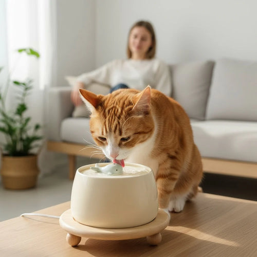 Fontaine à Eau Chat en Céramique 1,5 L avec Double Filtration - USB