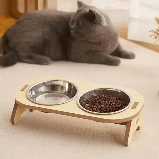 Gamelle Chat Surélevée en Bois avec Bols Inox - Design Scandinave - Solo ou Duo