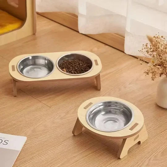Gamelle Chat Surélevée en Bois avec Bols Inox - Design Scandinave - Solo ou Duo