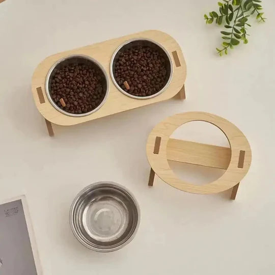 Gamelle Chat Surélevée en Bois avec Bols Inox - Design Scandinave - Solo ou Duo