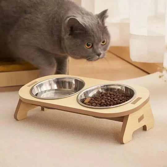 Gamelle Chat Surélevée en Bois avec Bols Inox - Design Scandinave - Solo ou Duo