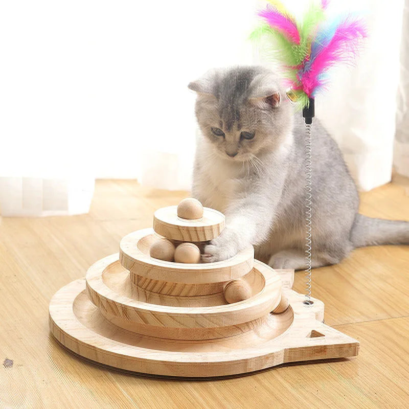 Jouet Interactif pour Chat en Bois - Piste à Balles avec Plumes - Multi-Niveaux