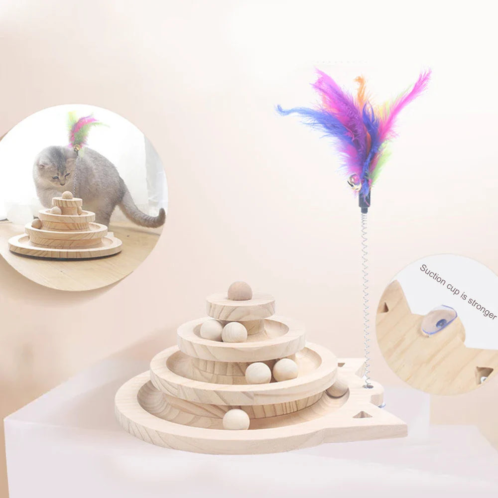 Jouet Interactif pour Chat en Bois - Piste à Balles avec Plumes - Multi-Niveaux