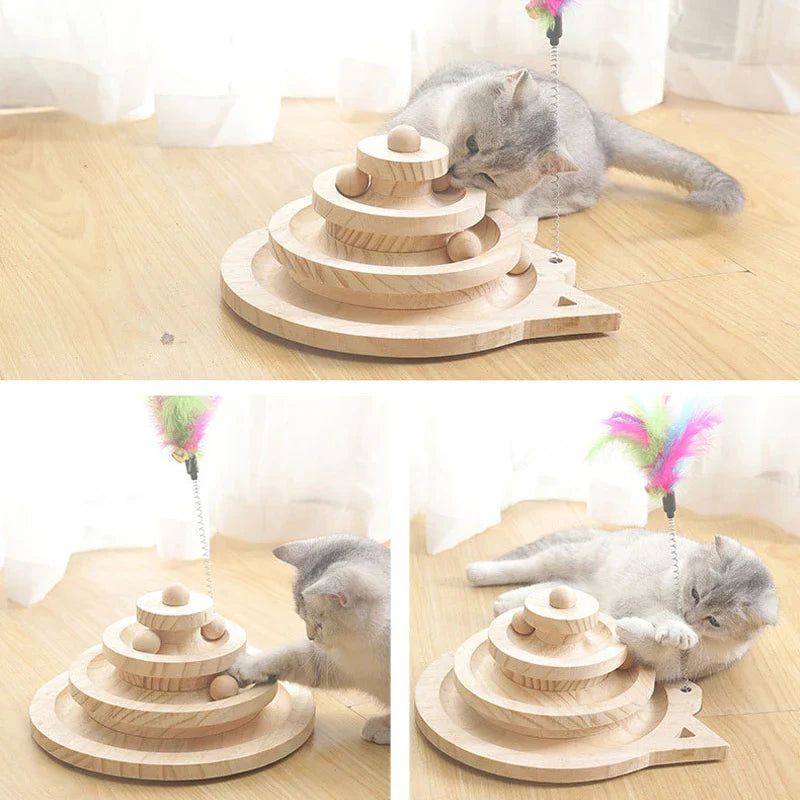 Jouet Interactif pour Chat en Bois - Piste à Balles avec Plumes - Multi-Niveaux