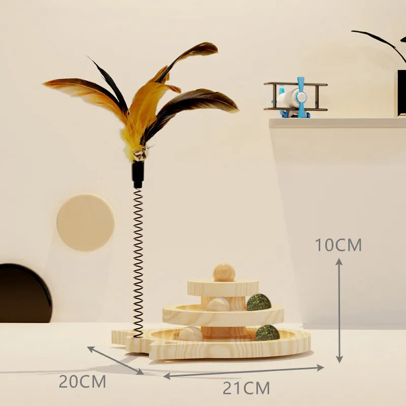 Jouet Interactif pour Chat en Bois - Piste à Balles avec Plumes - Multi-Niveaux