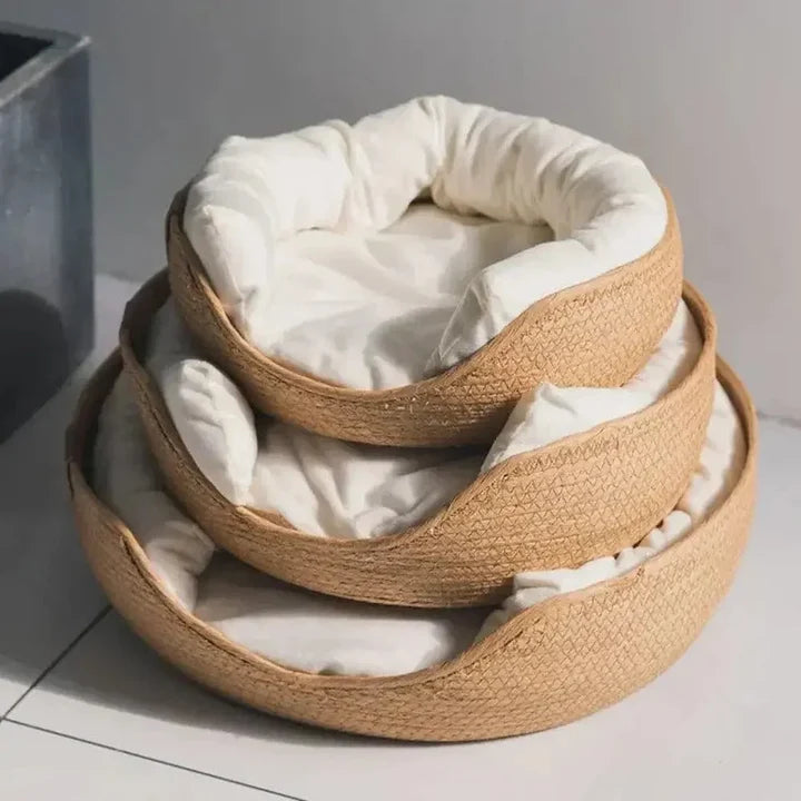 Couffin Chat Bambou Tressé - Panier Couchage Naturel avec Coussin Déhoussable