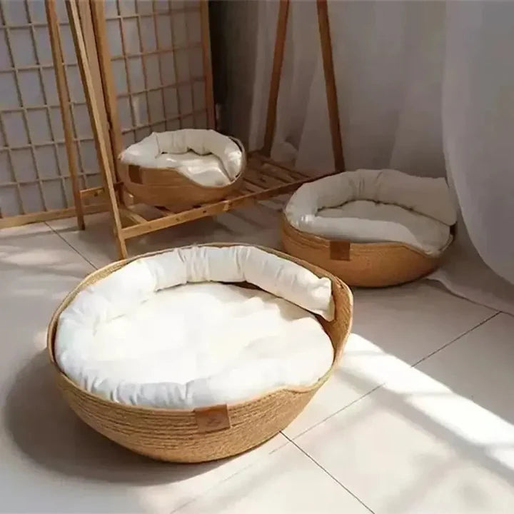Couffin Chat Bambou Tressé - Panier Couchage Naturel avec Coussin Déhoussable