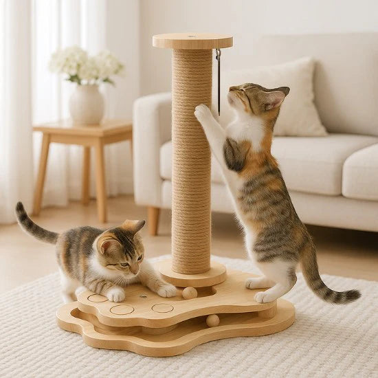 Griffoir Chat avec Jouet - Poteau Sisal Naturel et Bois Massif - Piste à Billes et Pompon