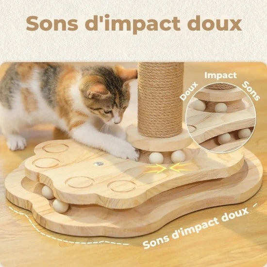 Griffoir Chat avec Jouet - Poteau Sisal Naturel et Bois Massif - Piste à Billes et Pompon